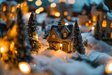 A snowy Christmas village with glowing lights, Ai generated