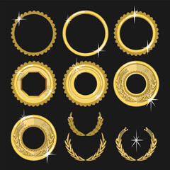 Golden round metal frames and decorative elements for them. Vector set