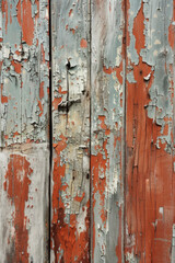 A close-up of a weathered barn door, with peeling paint and wood grain adding texture and character.