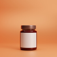 Glass jam jar with blank label isolated over orange background. Mockup template. 3d rendering.