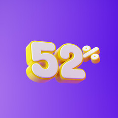 White fifty two percent or 52 % with yellow outline isolated over purple background. 3D rendering.