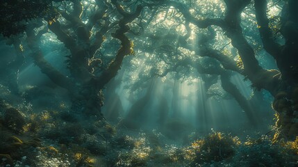 Fototapeta premium Mystical forest with moss-covered trees, ethereal light beams and a foggy atmosphere