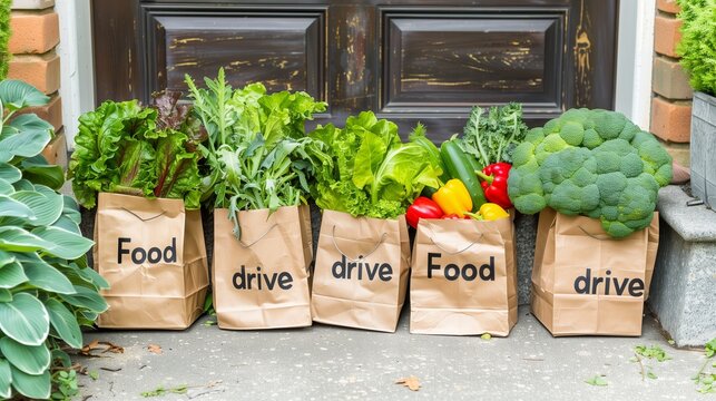 A community food drive concept showcasing charity and donation efforts, with volunteers collecting and distributing food items to those in need, emphasizing the spirit of giving and support.