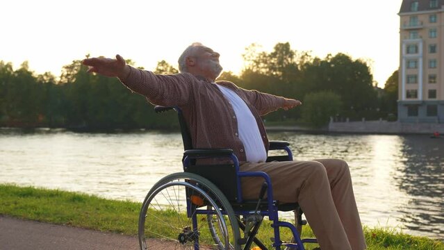 Happy senior man in wheelchair raised hands enjoying freedom walking on road in city park outdoor. Old happy man in chair for people with disability has a hope. Disability disease rehabilitation