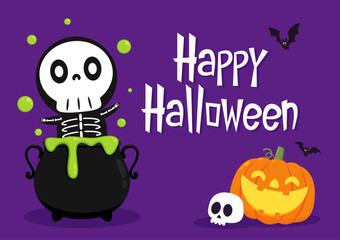 Cute halloween skeleton cartoon. Skeleton in halloween day. Halloween character cartoon. Halloween balloon vector. Banner.