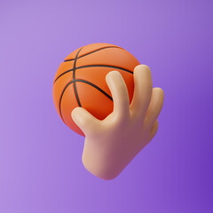 Cartoon emoji hand holding basketball isolated over purple background. 3d rendering.