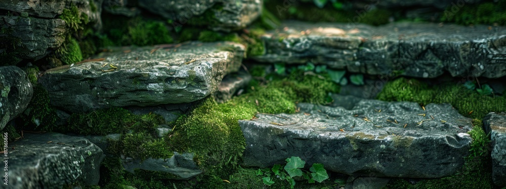 Poster a close-up of stacked stone blocks with moss growing between them.
