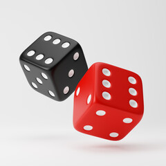 Rolling red and black dice isolated over white background. 3D rendering.
