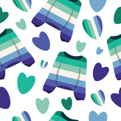 seamless lgbt themed pattern with sweaters in gay flag colors, with hearts in gay flag colors and colored hearts for poster, banner or packaging