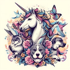 A unicorn and dogs with butterflies and flowers realistic color art meaning.