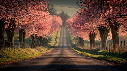 Fototapeta premium Quiet countryside path lined with blooming cherry blossom trees in spring