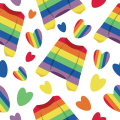 seamless lgbt themed pattern with lgbt flag colors sweaters, with lgbt flag colors hearts and colored hearts for poster, banner or packaging