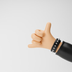 Rocker cartoon hand showing call me sign isolated over white background. 3d rendering.