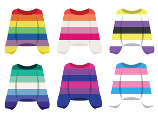 thematic set of multi-colored sweaters in the colors of the LGBT flags, namely the colors of the bisexual, lesbian, gay, transgender and other flags, for posters, cards or design