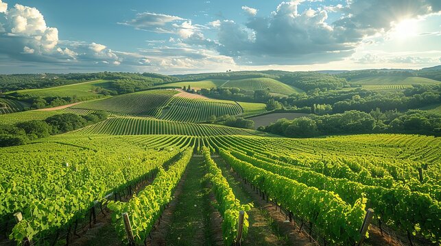 Picturesque vineyard with rolling hills, rows of grapevines under a bright blue sky