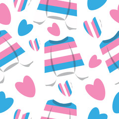 seamless lgbt themed pattern with sweaters in transgender flag colors, with hearts in transgender flag colors and colored hearts for poster, banner or packaging