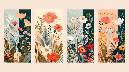 Floral cards Four . Wild flowers backgrounds. Botanic