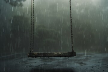 A solitary swing hangs in the rain, with water droplets and a gloomy, blurred background creating a melancholic atmosphere. - Powered by Adobe