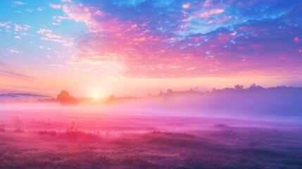 Peaceful countryside sunrise, with mist rising over a tranquil meadow and the first light of dawn coloring the sky.