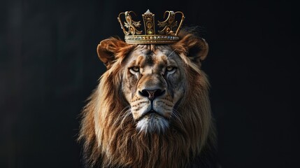 king lion wearing a crown isolated on black background realistic