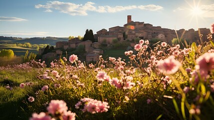 Scenic village nestled on a hill, adorned with vibrant pink flowers