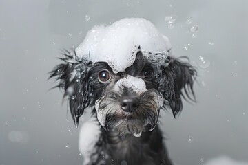 Curious Wet Dog Covered in Shampoo Bubbles Staring Intently