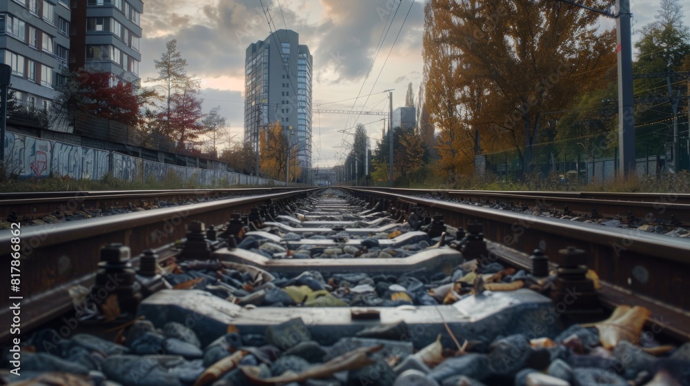 Poster perspective of railway track forward to building in city