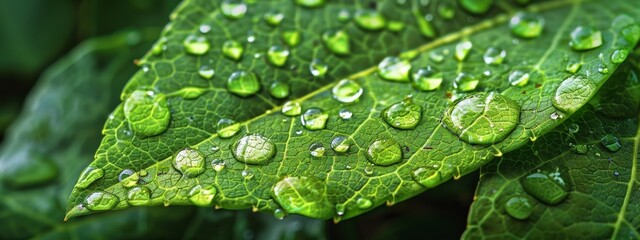 A close-up of water droplets on a leaf resembling shimmering dots.