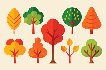 Set of Set of vector illustration of autumn trees and bushes. Bundle of colorful trees with orange, green and red leaves
