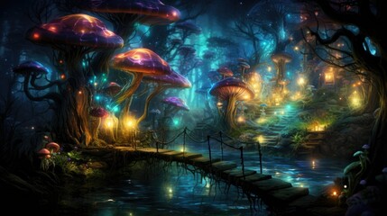 An enchanted forest with glowing mushrooms, sparkling fireflies, and twisting vines.