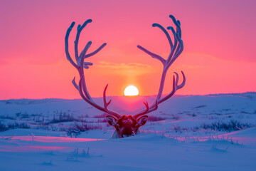 Create an image of the sun setting between the sprawling antlers of a caribou, with the vibrant colors of the sunset reflecting off the antlers and the snow-covered landscape  - Powered by Adobe