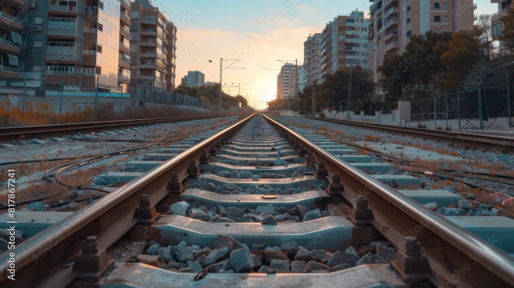 Poster perspective of railway track forward to building in city