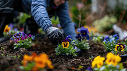 A man is diligently planting pansies in a vibrant garden, surrounded by lush greenery and colorful flowers