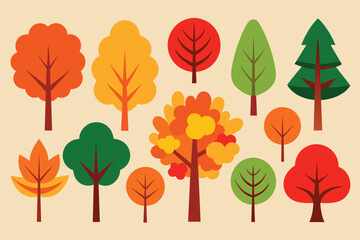 Set of Set of vector illustration of autumn trees and bushes. Bundle of colorful trees with orange, green and red leaves