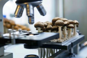 Close-up of a microscope examining mushrooms in a laboratory setting, highlighting research and scientific exploration of fungi.