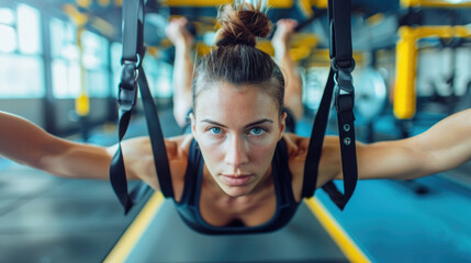 A woman is engaged in a TRX workout routine at a gym, using suspension straps for resistance training and dynamic movements to strengthen her muscles