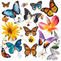 Vibrant Collection of Butterflies and Flowers Isolated on White Background