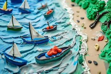 Colorful clay model of sailboats on the sea with waves and coastal landscape with green foliage and sandy beach.