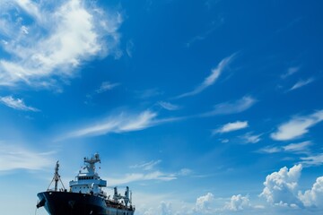 Cargo ship sailing under a bright blue sky with scattered clouds, emphasizing maritime transport and clear weather conditions. - Powered by Adobe