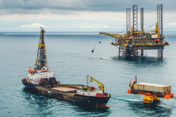 Fototapeta premium Offshore oil drilling platform with a support vessel and equipment at sea, showcasing energy extraction and maritime operations.