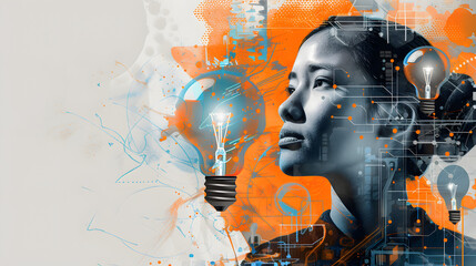Innovation and Ideas: Lightbulbs, Creative Tools, Circuit Boards, Technology and Science Abstract with Female Profile in Orange, Blue, and Grey 