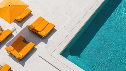 Aerial perspective of a rectangular swimming pool with vibrant orange lounge chairs neatly arranged around it