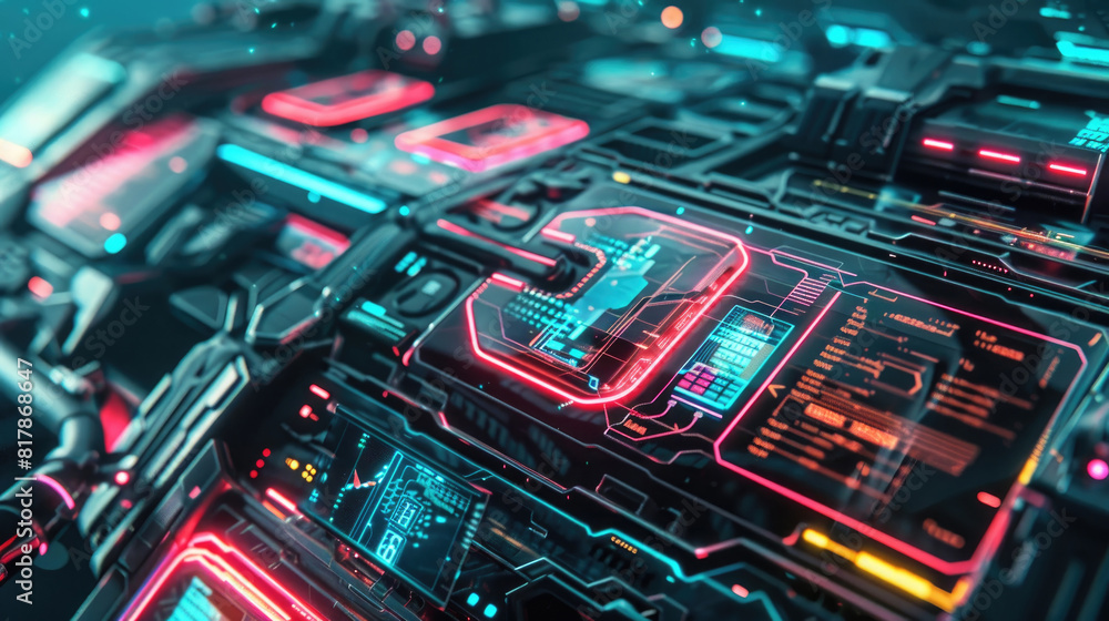 Poster a high-tech control panel illuminates with vibrant neon lights and real-time data displays. the holo