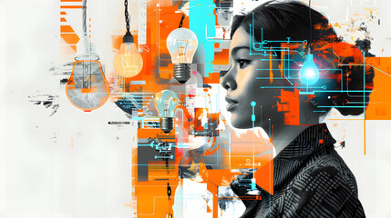 Innovation and Ideas: Lightbulbs, Creative Tools, Circuit Boards, Technology and Science Abstract with Female Profile in Orange, Blue, and Grey 