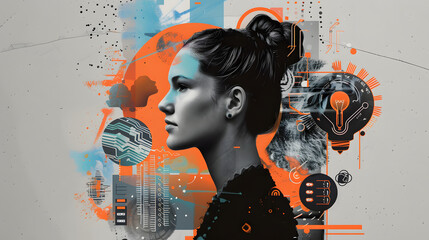 Innovation and Ideas: Lightbulbs, Creative Tools, Circuit Boards, Technology and Science Abstract with Female Profile in Orange, Blue, and Grey 