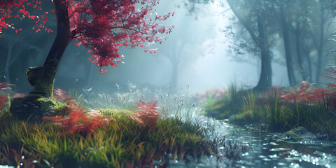 Fantasy forest with a river and cherry blossom trees