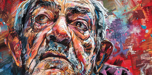 A detailed painting capturing the weathered features of an old mans face, showcasing wrinkles, expression lines, and a sense of wisdom