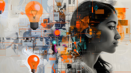 Innovation and Ideas: Lightbulbs, Creative Tools, Circuit Boards, Technology and Science Abstract with Female Profile in Orange, Blue, and Grey 