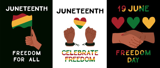 Juneteenth posters set with diversity hands and African traditional colors. Vector flat hand drawn illustrations with text Freedom Day and Juneteenth. Vertical placards, banner for social media