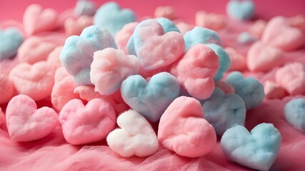Cotton candy in the shape of a colorful heart with a pastel backdrop. Cute cotton candy in closeup, symbolizing passion and love. Lovely, romantic backdrop for Valentine's Day. Flat Lay, Top View, Fro - Powered by Adobe